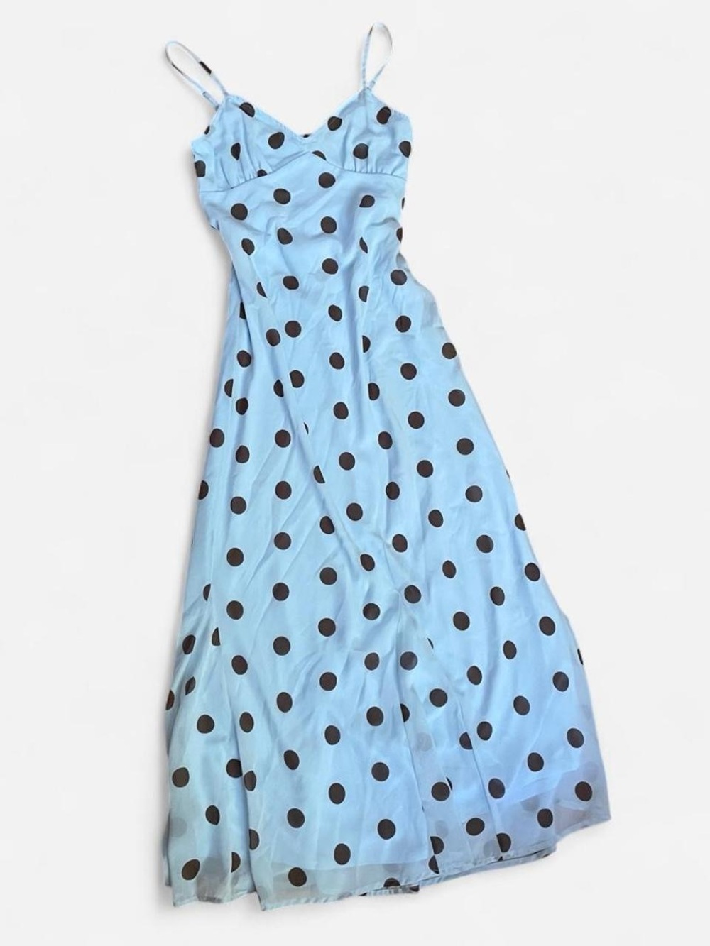 Sincerely Jules Light Blue & Brown Polka Dot Maxi Slip Dress Size S